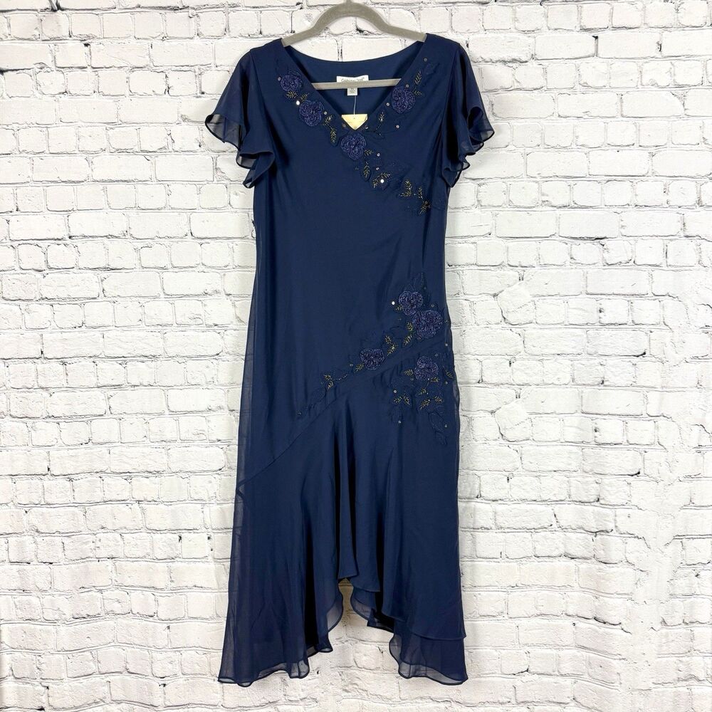 Coldwater Creek Y2K Beaded Sequin Chiffon Dress 8 Petite Navy Whimsigoth Fairy
